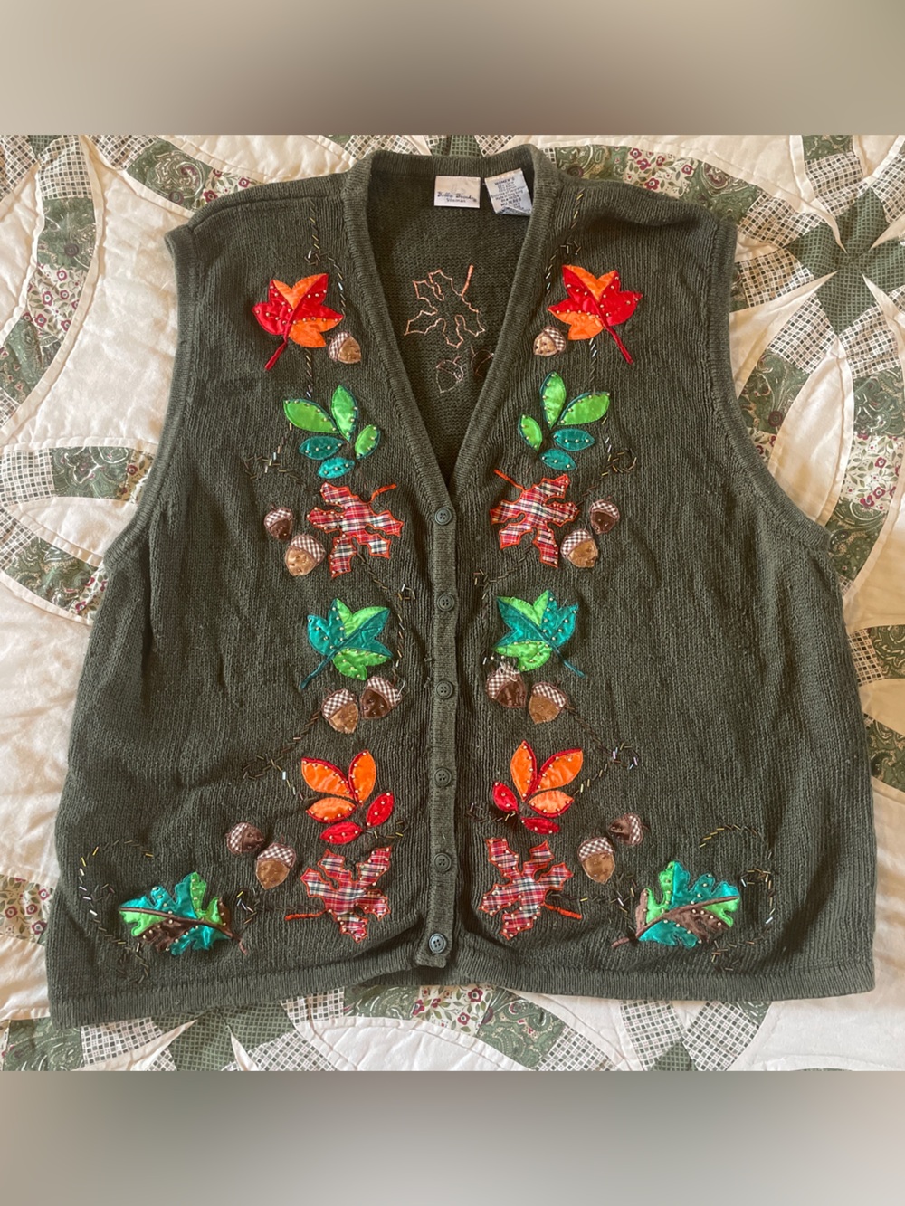 Vintage 90s Bobbie Brooks Olive Green Sweater Vest Size 26W Cottage Fall Leaves